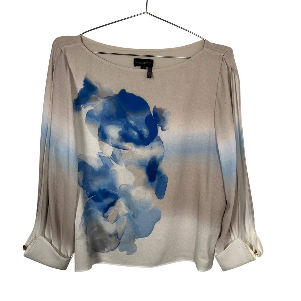 Donna‎ Karan Blue Tan Floral Ombre Blouse Split Sleeve Cuff Top Large
